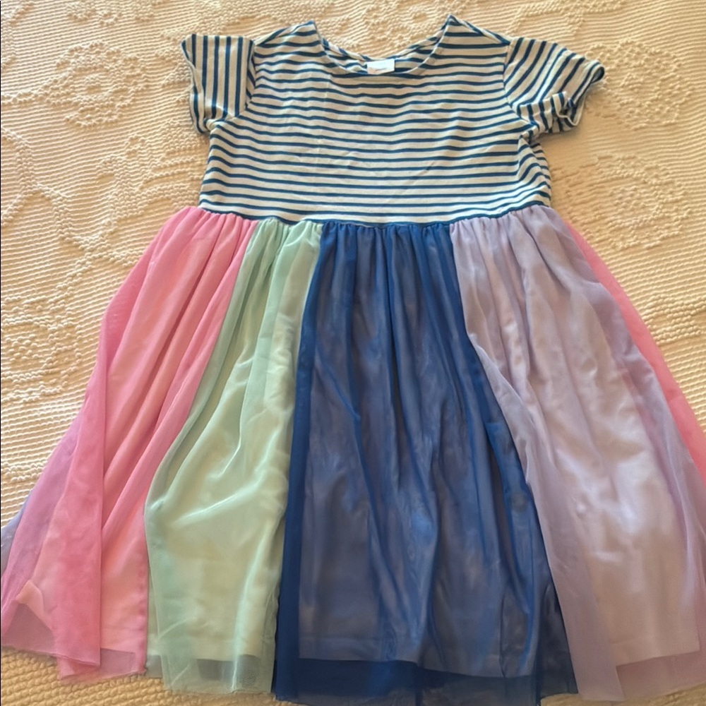 Striped Multicolor Kids Dress with Tulle Skirt